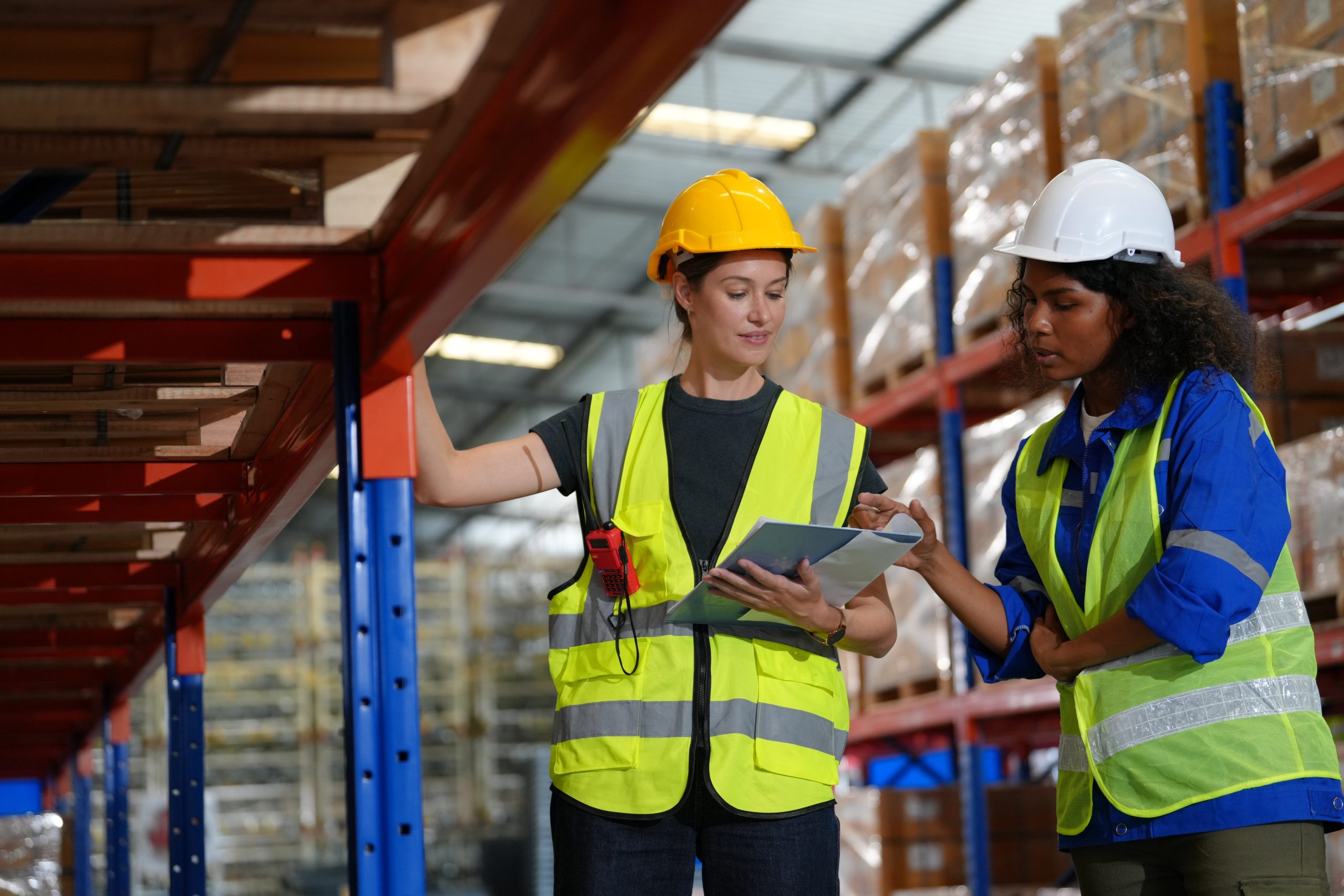 due operatrici logistiche all'interno di un magazzino, intente a confrontarsi